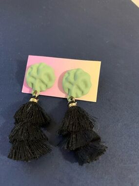 Green and Black Tassel Drop Earrings by